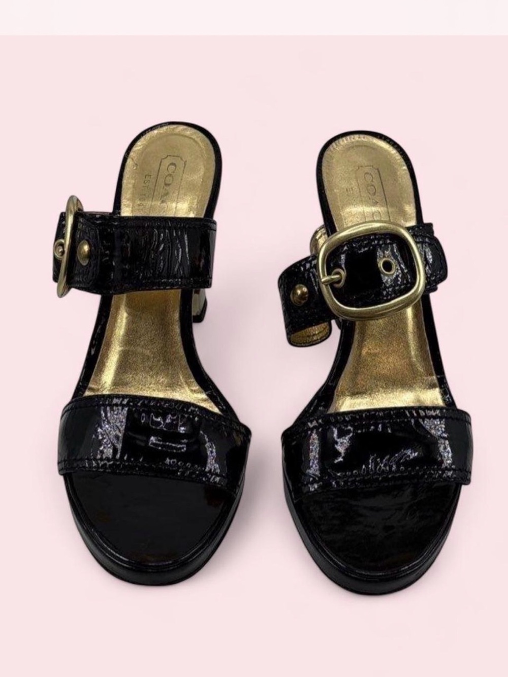 Coach Black Patent Leather High Heel Sandals with Gold Buckles